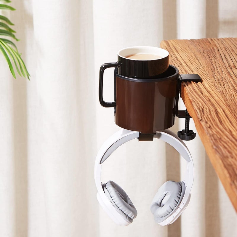 GUNKING Luxury 2-in-1 Anti-Spill Cup Holder with Under Desk Headphone Hanger (Coffee Brown) - Image 2